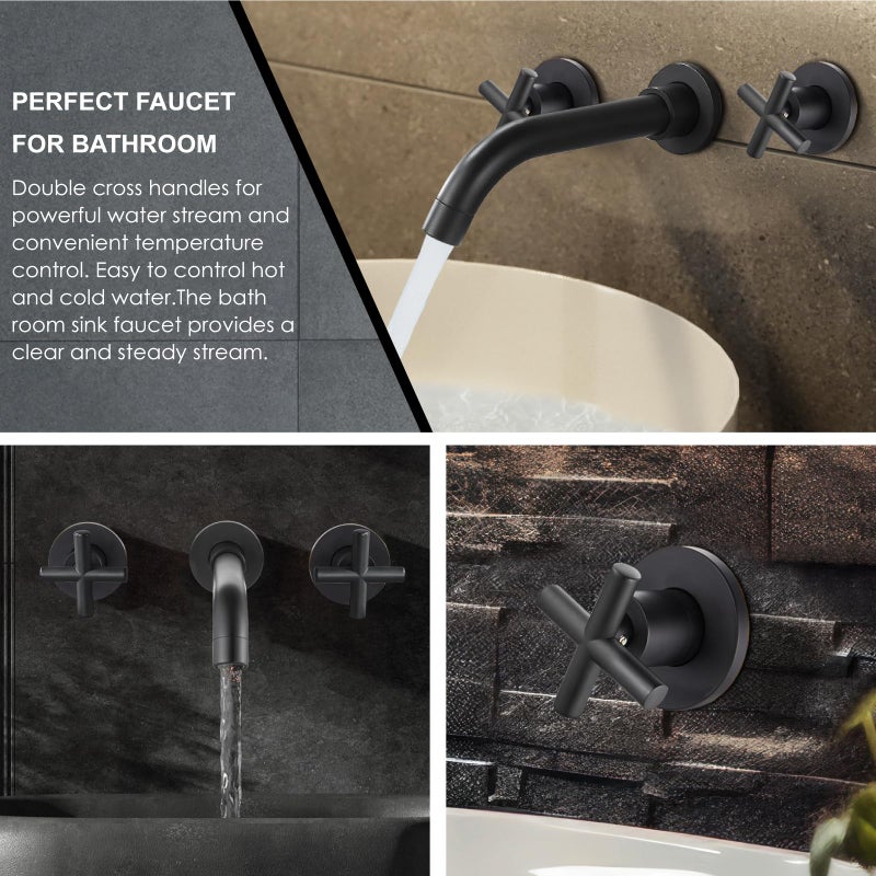 Midanya Wall Mounted Bathroom Sink Faucet,Double Handle 3 Holes Widespread Vanity Sink Mixer Tap with Rough in Valve Dual Cross Handles Faucets,Matte Black - Image 4